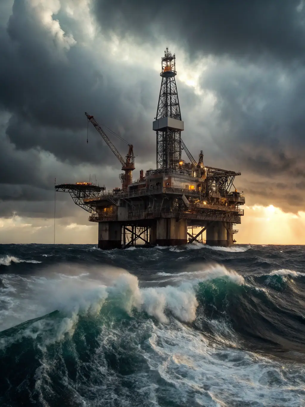 A detailed image of an oil rig at sunset, symbolizing Saravia Toledo | Lanusse's expertise in oil and gas law.